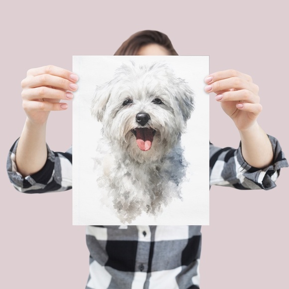 Watercolor White Maltese Dog Portrait Wall Art Print Poster, Unframed - Picture 4 of 6